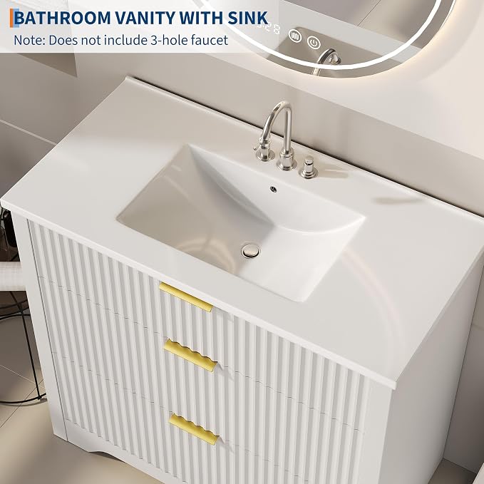 Garvee 36" Fluted Bathroom Vanity with Sink, Farmhouse Freestanding Bathroom Sink Cabinet with 2 Drawers & 1 Flip-Down Drawer, Easy Assembly & Cleaning, White