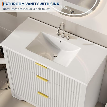 Garvee 36" Fluted Bathroom Vanity with Sink, Farmhouse Freestanding Bathroom Sink Cabinet with 2 Drawers & 1 Flip-Down Drawer, Easy Assembly & Cleaning, White