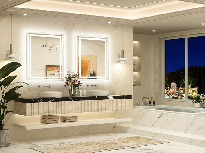 Led Bathroom Mirror 30 x 36 with Brushed Nickel Frame Anti-Fog Frontlit & Backlit Vanity Mirror Stepless Dimmable 3 Colors White/Warm/Natural Wall-Mounted