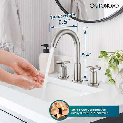 gotonovo 3 Hole Bathroom Faucet 8 inch Widespread Sink Vanity Faucet for Bathroom Sink 2 Cross Handle Deck Mount Basin with Pop Up Drain 360° Swivel Spout Brushed Nickel