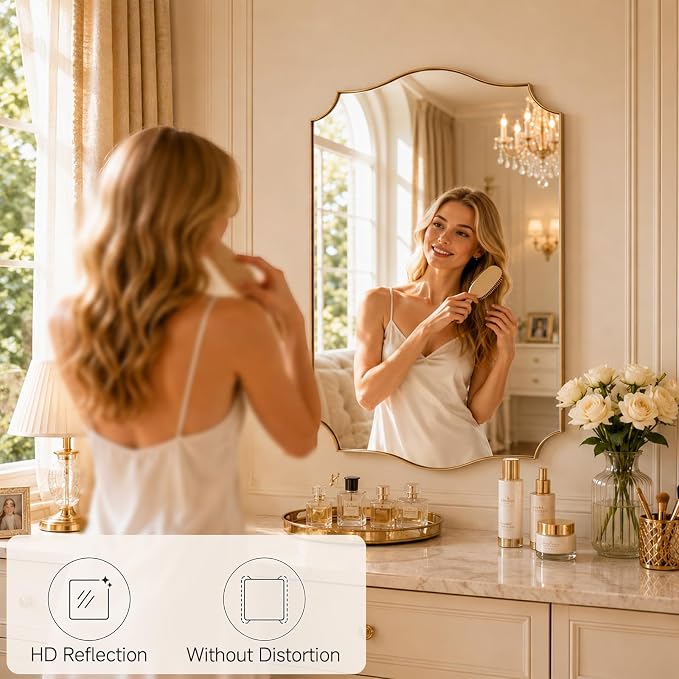 Gold Vanity Wall Mirror 36"x24", Scalloped Edge Bathroom Mirror | Rust-Proof Metal Frame, Hangs Vertically/Horizontally, Decorative Bathroom Mirror, For Vanity, Bedroom & Entryway