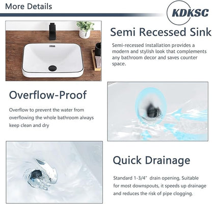 Bathroom Vessel Sink 18.2'' x 13.3'' Small Semi Recessed Bathroom Sink Rectangular Drop In Sink with Overflow White with Black Trim Ceramic Modern Vessel Sinks for Bathroom
