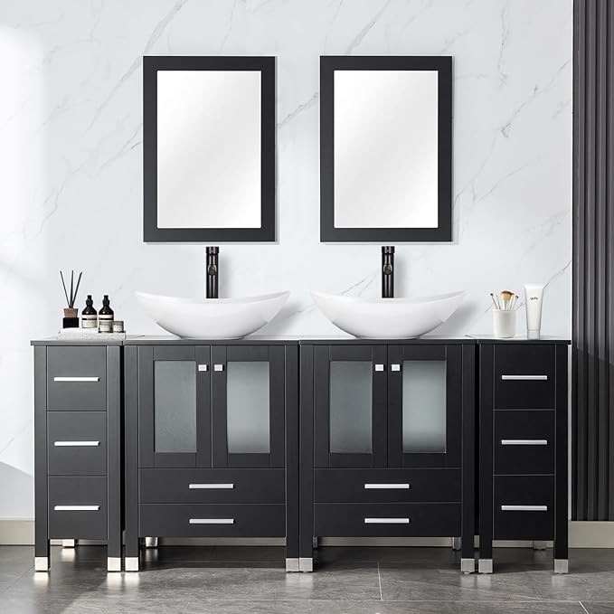 LUCKWIND 72" Double 24-in Bathroom Vanity with Sink Combo, Elegant Series with Two 12.6-in Side Cabinets, Painted Frame, Including White Boat Sinks, Faucets Without Mirrors, Black