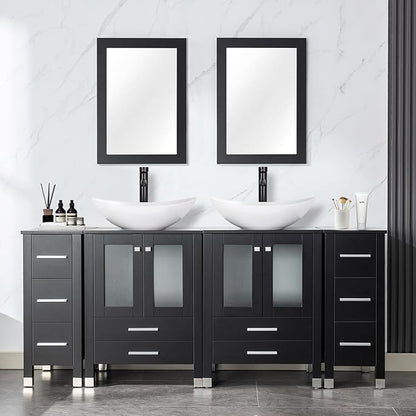 LUCKWIND 72" Double 24-in Bathroom Vanity with Sink Combo, Elegant Series with Two 12.6-in Side Cabinets, Painted Frame, Including White Boat Sinks, Faucets Without Mirrors, Black