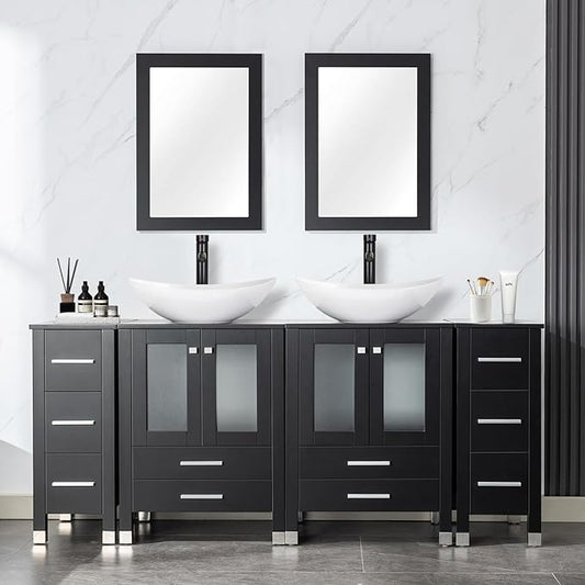 LUCKWIND 72" Double 24-in Bathroom Vanity with Sink Combo, Elegant Series with Two 12.6-in Side Cabinets, Painted Frame, Including White Boat Sinks, Faucets Without Mirrors, Black