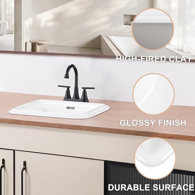 Bathroom Vessel Sink 19 Inch Small Drop In Bathroom Sink Rectangular Semi Recessed Sinks with Overflow White Ceramic Small Vanity Sinks for Tiny Bathrooms
