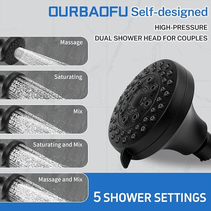 OURBAOFU Tandem Shower Heads, Double Shower Head for Couples | Dual Shower Head System for Two People,High Pressure,Adjustable 360° Rotation,48–78 In for Bathrooms,Gifts for Couples-Black