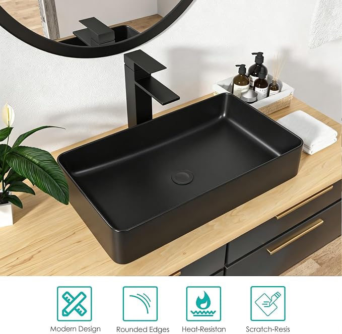 Vessel Sink Rectangle- 24"x14" Modern Rectangular Top Counter Bathroom Sink Matte Black Porcelain Ceramic Lavatory Sink Bowl Art Basin
