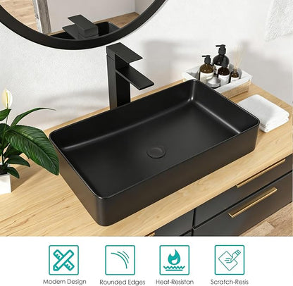 Vessel Sink Rectangle- 24"x14" Modern Rectangular Top Counter Bathroom Sink Matte Black Porcelain Ceramic Lavatory Sink Bowl Art Basin