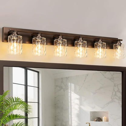 Modern Bathroom Lighting Fixtures Over Mirror, Vanity Lights for Bathroom, Wall Sconces with Clear Glass Shades, E26 Ceramic Socket, 6-Light 43-inch Oil-Rubbed