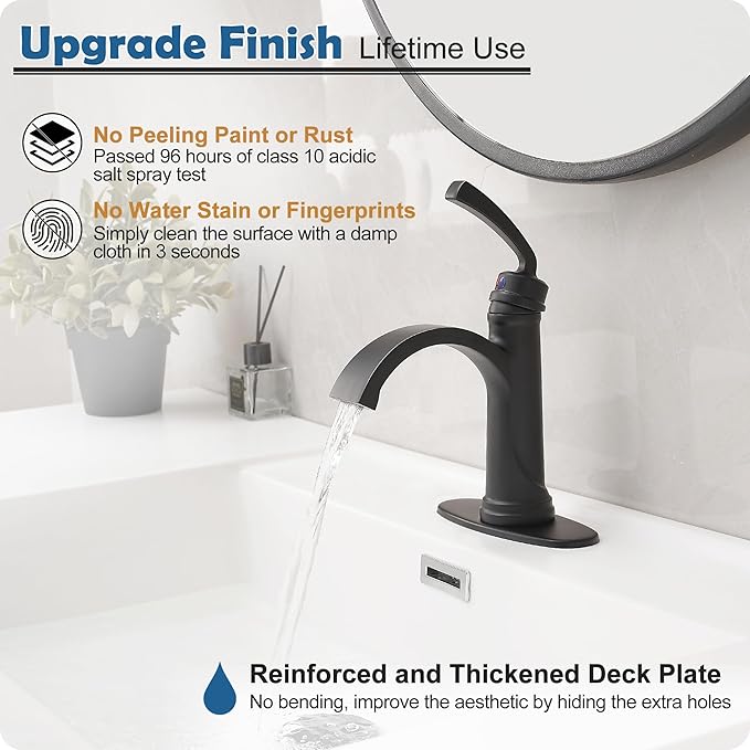 Black Waterfall Bathroom Faucet 1 Hole, Brass Bathroom Sink Faucets 4 Inch 3 Hole Single Handle with Pop-up Drain, Pre-Installed cUPC Water Hose, Deck Plate for Vanity, Farmhouse, Lavatory