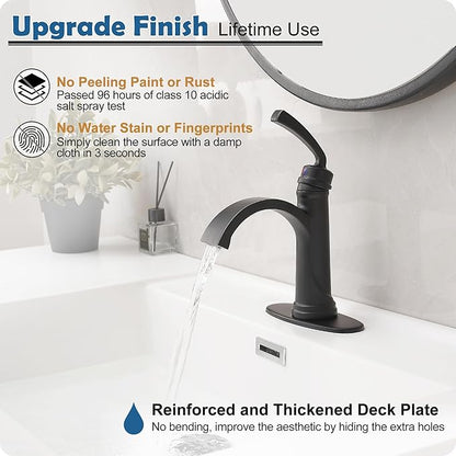 Black Waterfall Bathroom Faucet 1 Hole, Brass Bathroom Sink Faucets 4 Inch 3 Hole Single Handle with Pop-up Drain, Pre-Installed cUPC Water Hose, Deck Plate for Vanity, Farmhouse, Lavatory