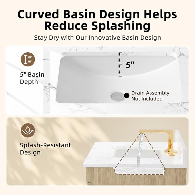 YESHOMY 30" Bathroom Vanity with Sink, Marble-Look Countertop, Natural Wood | Freestanding Storage Cabinet with Ceramic Basin, Tilt-Out Drawer and Additional Drawers for Bathroom