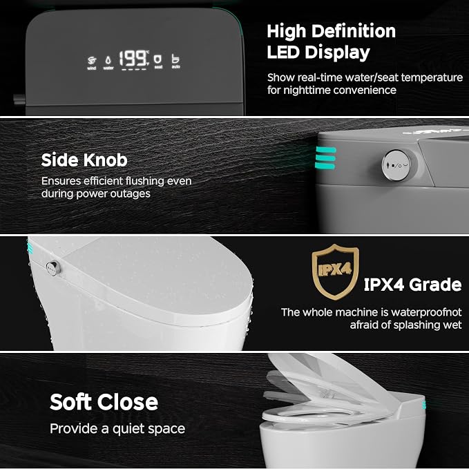 Smart Toilet with Bidet Built In ADA Height 17.7", One Piece Tankless Bidet Toilet with Auto Open Close, Foam Shield, Voice Control Modern Elongated Toilet with Heated Seat, Warm Water & Dryer