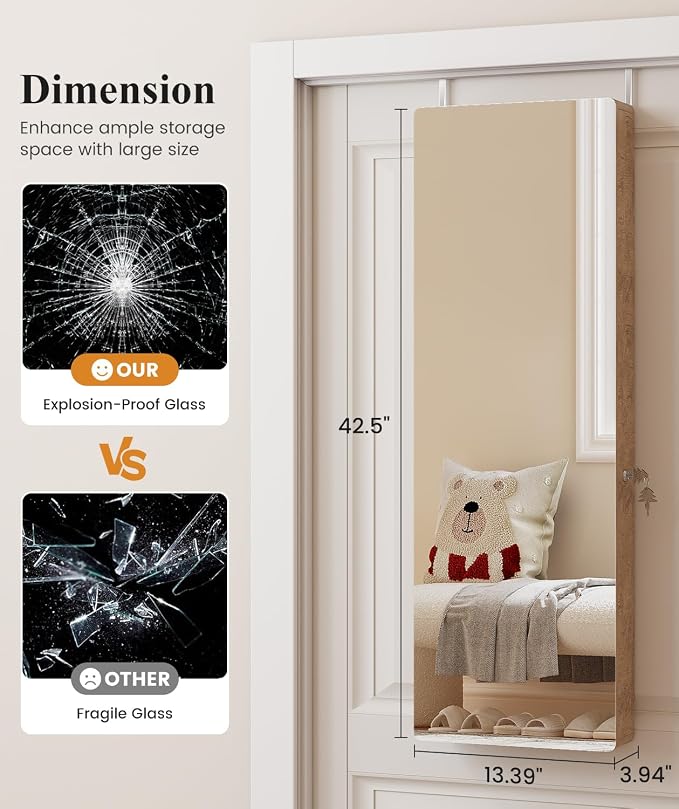 LVSOMT Over the Door Jewelry Organizer with Mirror Door Mirror with Storage | Jewelry Mirror Cabinet with Large Capacity, 6 LED Lights,Velvet Lining, Space-Saving for Bedroom, Cloakroom, Gift Women Girls