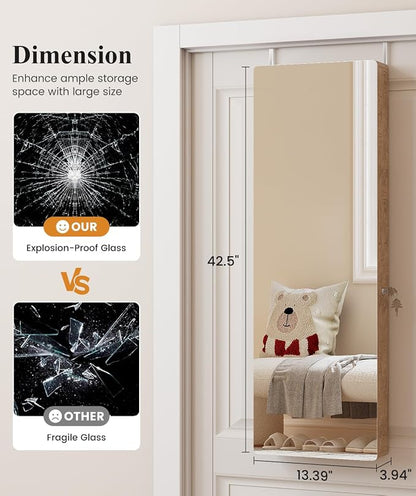 LVSOMT Over the Door Jewelry Organizer with Mirror Door Mirror with Storage | Jewelry Mirror Cabinet with Large Capacity, 6 LED Lights,Velvet Lining, Space-Saving for Bedroom, Cloakroom, Gift Women Girls