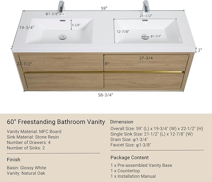 60" Wall-Mounted Bathroom Vanity, Double Sink Floating Cabinet with Stone Resin Countertop & Soft-Close Drawers, Modern Floating Storage Solution,Natural Oak