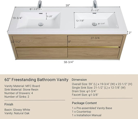 60" Wall-Mounted Bathroom Vanity, Double Sink Floating Cabinet with Stone Resin Countertop & Soft-Close Drawers, Modern Floating Storage Solution,Natural Oak