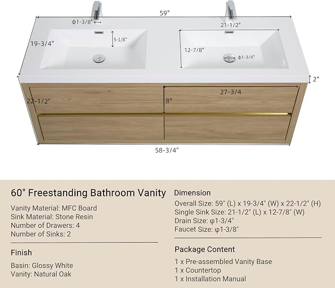 60" Wall-Mounted Bathroom Vanity, Double Sink Floating Cabinet with Stone Resin Countertop & Soft-Close Drawers, Modern Floating Storage Solution,Natural Oak