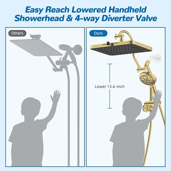 Hibbent cUPC Certified High Pressue 13'' Rainfall Shower Head with 5-Spray | Shower Heads with Handheld 10-Spray Combo, All Metal Easy Reach 4-way Diverter Arm, 71'' Hose & Holder, Brushed Gold