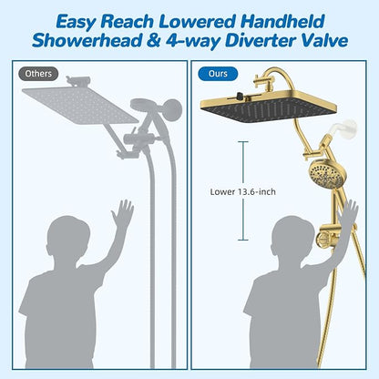 Hibbent cUPC Certified High Pressue 13'' Rainfall Shower Head with 5-Spray | Shower Heads with Handheld 10-Spray Combo, All Metal Easy Reach 4-way Diverter Arm, 71'' Hose & Holder, Brushed Gold