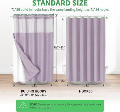eachope No Hook Fabric Shower Curtain with Snap-in Liner,71x86 Lavender | Extra Long,Linen Texture,230GSM Thick Fabric,Mesh Window,Bottom Magnetic,Waterproof & Machine Washable,for Bathroom,Hotel Use
