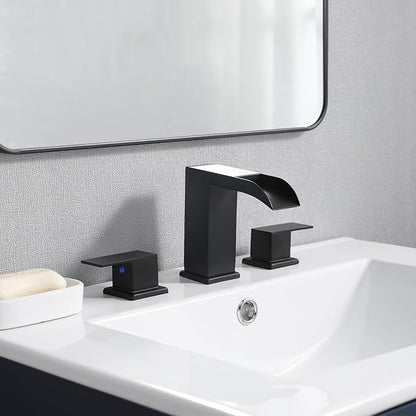 Black Bathroom Faucet 3 Hole, 8 Inch Widespread Waterfall Bathroom Sink Faucet, Matte Black Vanity Faucet with Pop-Up Drain and Hoses for Bathroom Sink Vanity Rv