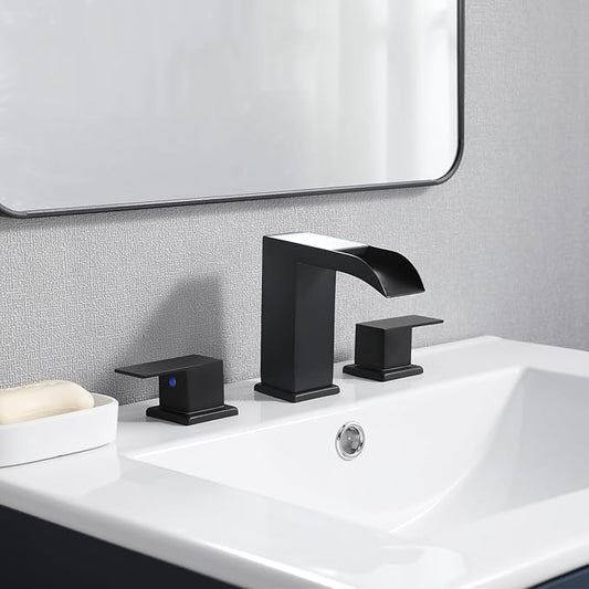 Black Bathroom Faucet 3 Hole, 8 Inch Widespread Waterfall Bathroom Sink Faucet, Matte Black Vanity Faucet with Pop-Up Drain and Hoses for Bathroom Sink Vanity Rv