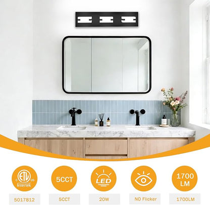 LED Bathroom Light Fixtures, 3-Light Modern Vanity Lights with Milky White Frosted Acrylic Shades, Matte Black Bathroom Lighting Fixtures Over Mirror, ETL Listed, 20W 5CCT Adjustable
