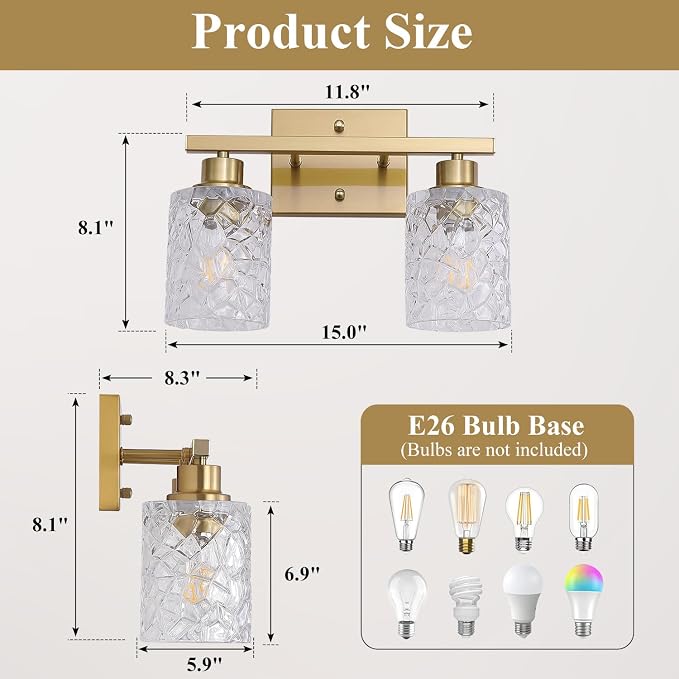 Mecgirn Stainless Steel Bathroom Vanity Light Over Mirror, 2 Light Brushed Gold Bathroom Light Fixtures with Textured Glass Shades,Ceramic E26 Sockets Wall Mounted Vanity Lights for Bathroom