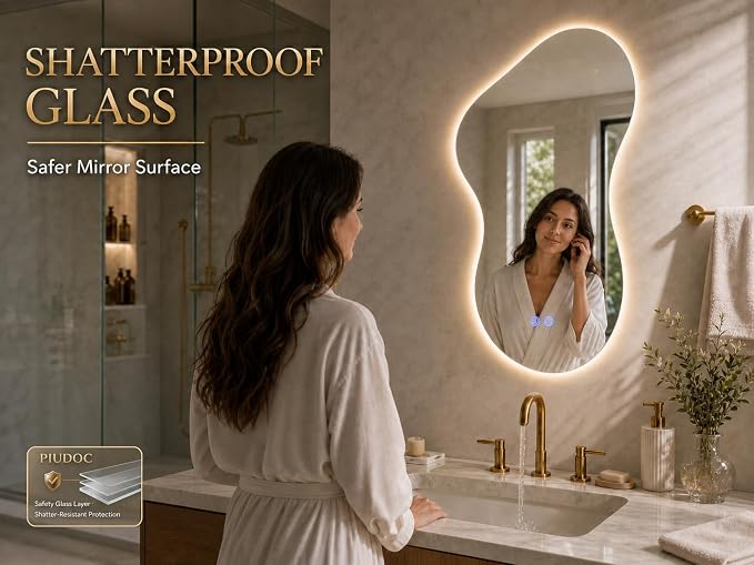 Irregular Led Bathroom Mirror with Lights 20x32 Inch, Backlit Asymmetrical Led Bathroom Mirror for Wall, Lighted Vanity Mirror with Lights, Anti-Fog, Dimmable 3 Colors, Shatter-Resistant