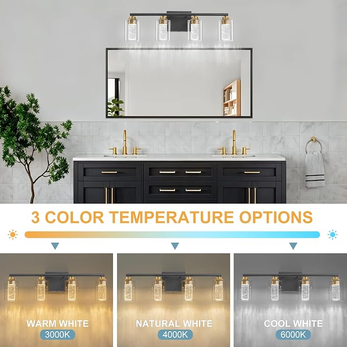 4-Light Black & Gold Bathroom Vanity Light with 3 Color Modes (3000K/4000K/6000K), Dimmable Modern Wall Light Over Mirror with Clear Glass Shade