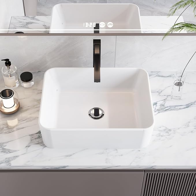 Bathroom Vessel Sink Rectangular Countertop Basin, 18.70×14.76×5.12 inch White Ceramic Vanity Sink for Apartment, Guest Bathroom, Home Refresh Project