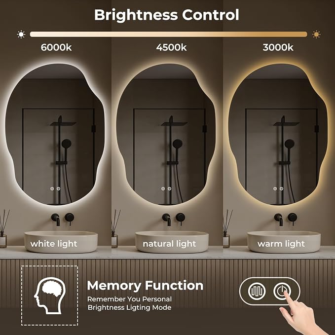 Backlit LED Bathroom Vanity Mirror with Lights, Irregular Asymmetrical Design,45" H x 32" W, Anti-Fog, Dimmable 3 Color Lighting, Memory, Hardwired Mount, Supports Horizontal & Vertical