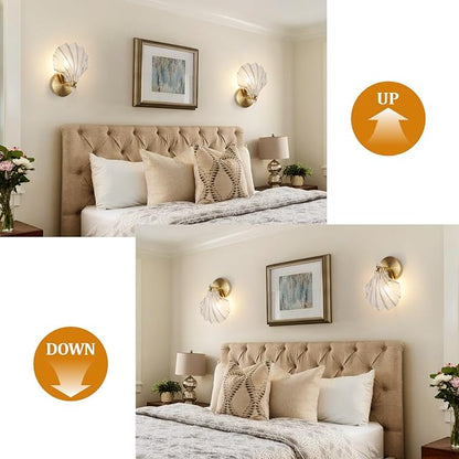 2 Pack Gold Glass Wall Sconces Crystal Wall Light with Clear Shell Shaped Glass Shades, Mid Century Gold Vanity Light Brass Bathroom Light Fixtures Beside The Mirror for Bedroom Porch Indoor