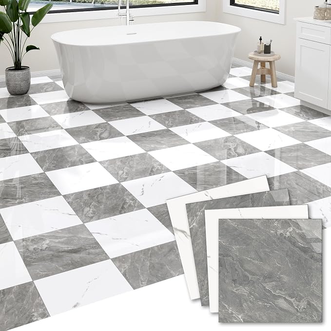 30-Pack Peel and Stick Vinyl Floor Tile Polish 12” x 12”, Self Adhesive Flooring Planks for Bathroom, Renters, Kitchen, Dark Grey&White Marble (15 per Color)