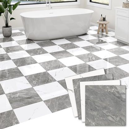 30-Pack Peel and Stick Vinyl Floor Tile Polish 12” x 12”, Self Adhesive Flooring Planks for Bathroom, Renters, Kitchen, Dark Grey&White Marble (15 per Color)