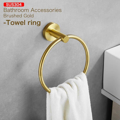 Bathroom Hardware Set, Brushed Gold, 24in, 4-Piece | Stainless Steel, Wall-Mounted, Towel Bar, Toilet Paper Holder, Towel Ring, Towel Hooks, Adjustable