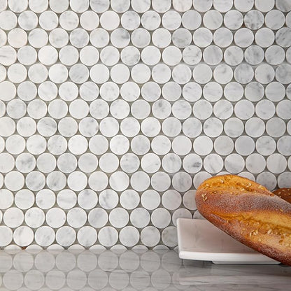 Carrara White Marble Mosaic Tile for Kitchen Bathroom Floor 1 Inch Penny | Water & Heat Resistant Polished Marble Backsplash Tiles for Wall Floor Fireplace Surround Durable Unique Veins 4.8SQFT