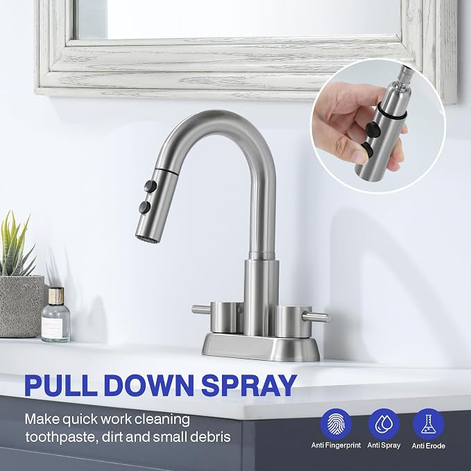 Bathroom Faucet with Sprayer, Brushed Nickel 2 Handles with Pop-Up Drain | Kablle 3 Holes Pull Out 4 inch Centerset Laundry Bar Basin Pull Out Faucet with Pop-Up Drain, KBL-6002BN