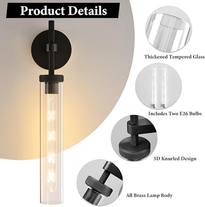 Brass Knurled Tube Wall Sconce - Set of 2 Luxury Modern Glass Sconces with Bulbs - Vertical Mounted Light Fixture - Black Dimmable Indoor Lighting for Vanity Bathroom Bedroom Living Room Hallway