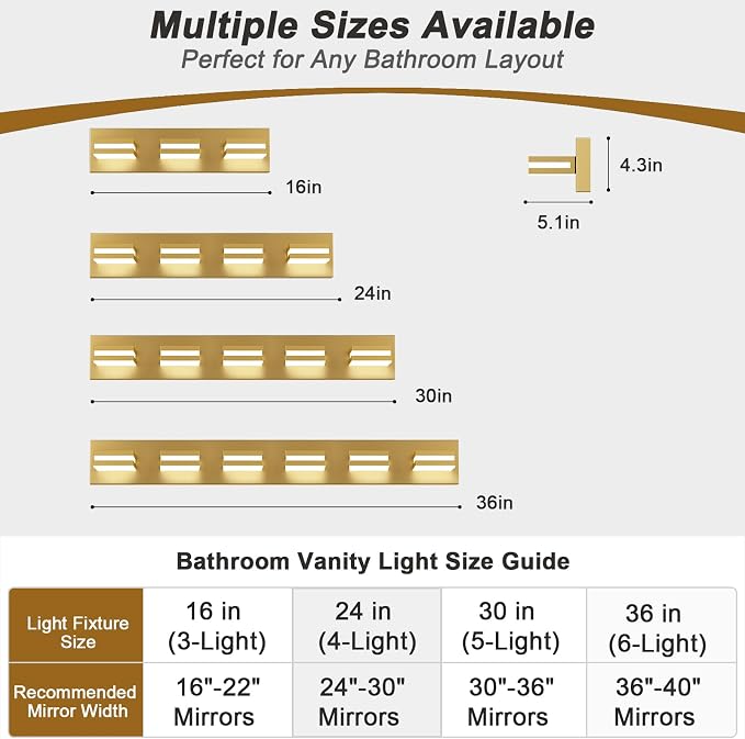 IZORRO LED Modern Bathroom Lights Fixtures(5-Light,Dimmable,360°Rotate),Brushed Glod Acrylic Wall Lighting,Vanity Lights for Bathroom Over Mirror - 6000k 30In （No Assembly Required）