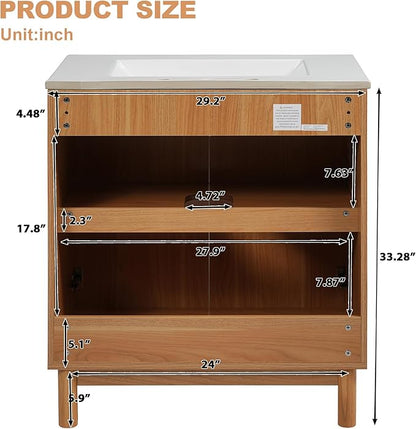 30″ Bathroom Vanity with Ceramic Sink, Modern Bathroom Vanity Cabinet with 2 Doors, Freestanding Mid-Century Restroom Sink Cabinet Combo with U-Shaped Adjustable Shelf (30")
