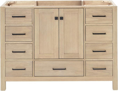 ARIEL Cambridge 48-inch Bathroom Vanity Base Cabinet,Solid Wood, 2 Soft Closing Doors, 9 Dovetail Drawers, White Oak