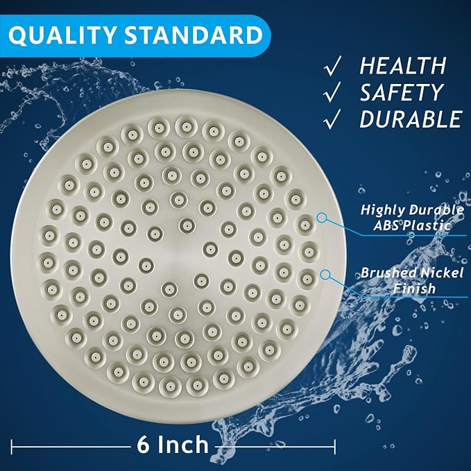 Voolan High Pressure Rain Shower Head, 6" Pressure-Boosting, Ideal for Replacement Fixed Bathroom Showerheads, Easy to Install, Renter-Friendly (Brushed Nickel)