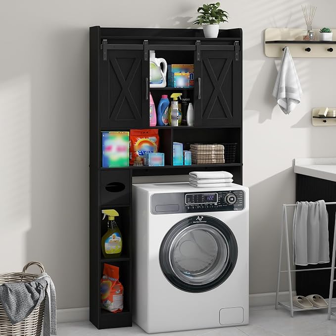 Vabches Over The Toilet Storage Cabinet with Sliding Doors, Black | Farmhouse Storage Cabinet Over Toilet, Home Space-Saving Toilet Rack, Toilet Paper Holder Stand,for Restroom,Bathroom,Laundry