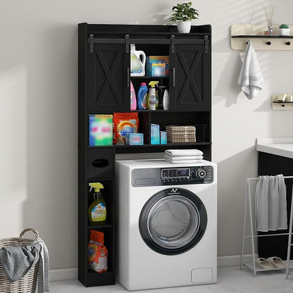 Vabches Over The Toilet Storage Cabinet with Sliding Doors, Black | Farmhouse Storage Cabinet Over Toilet, Home Space-Saving Toilet Rack, Toilet Paper Holder Stand,for Restroom,Bathroom,Laundry