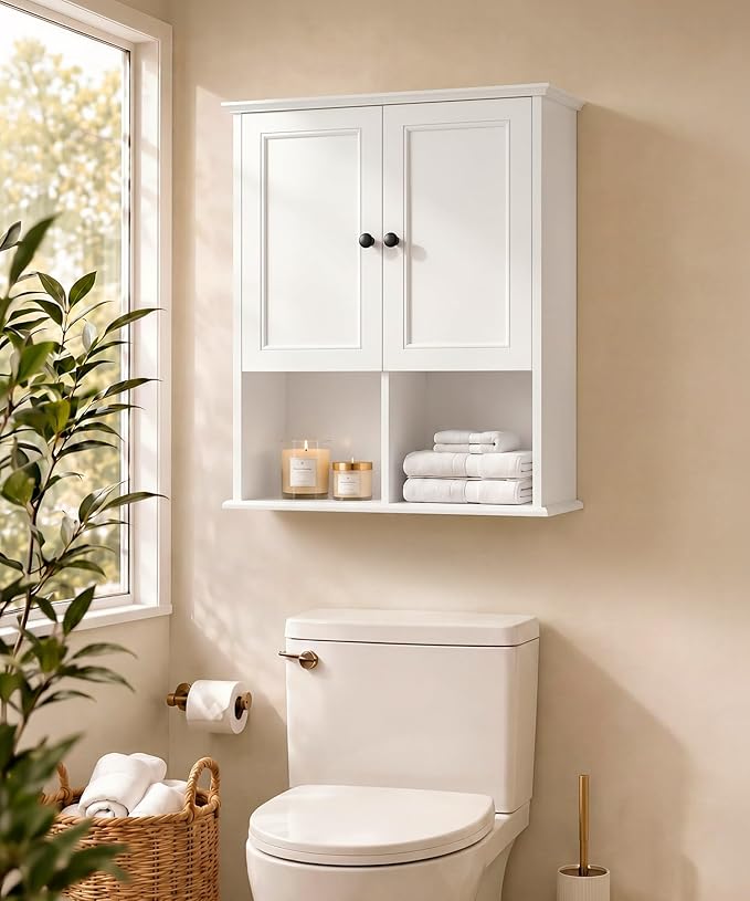 HAIOOU 23.6 inch Bathroom Wall Cabinet with Motion Sensor Light - White | Wall Mount Medicine Cabinet with Recessed Panel Doors, Adjustable Glass Shelf, Soft Close Hinges for Over the Toilet Storage