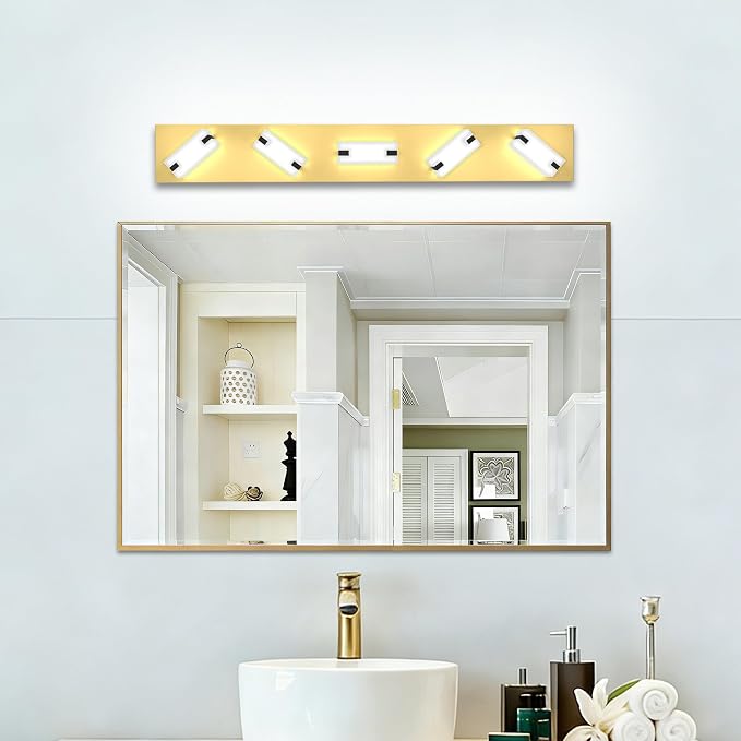 LED Bathroom Light Fixtures, 5-Light Modern Vanity Lights with Milky White Frosted Acrylic Shades, Gold Bathroom Lighting Fixtures Over Mirror, ETL Listed, 35W 5CCT Adjustable