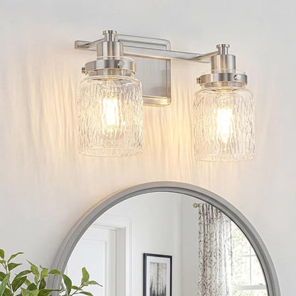 2 Light Bathroom Vanity Light Fixtures Modern Brushed Nickel | ETL Certificate, Easy to Install,Wall Mount Up or Down,Hammered Glass Lampshade,E26 Socket,Hardwired,120V